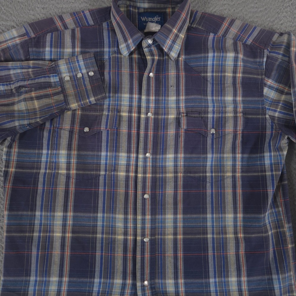 VINTAGE Wrangler Shirt Mens L Blue Plaid Pearl Snap Western Yoke Cowboy Y2K